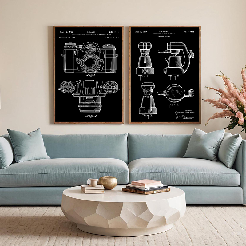 特許黒と白のポスターヴィンテージ楽器スポーツ用品銃描画キャン - Sports Equipment Drawing のレビューと価格